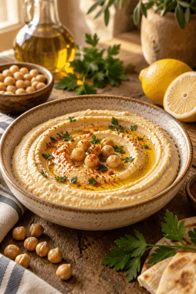 creamy dreamy hummus in a serving bowl