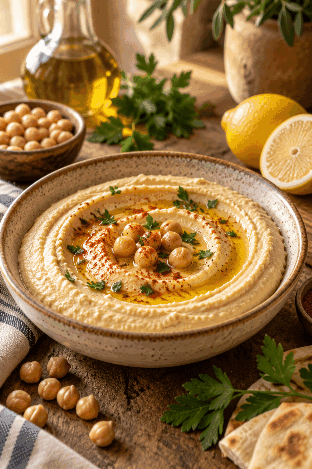 creamy dreamy hummus in a serving bowl