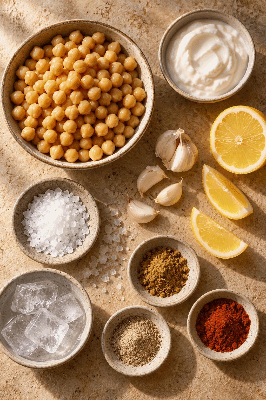 creamy dreamy hummus ingredients arranged on a counter