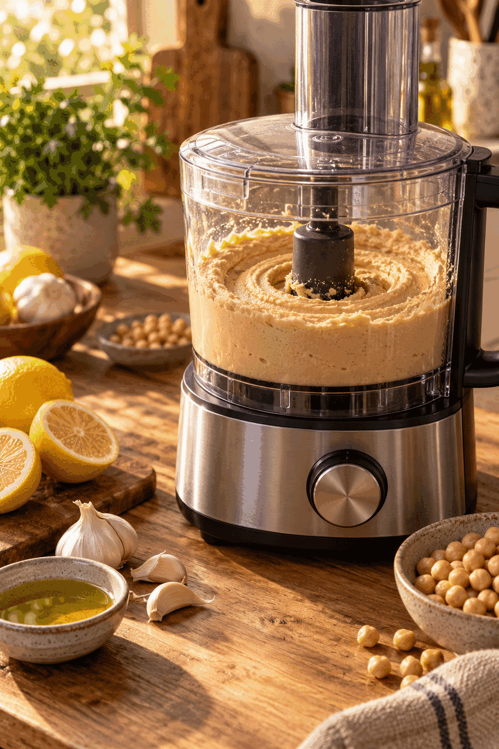 creamy dreamy hummus blending in a food processor