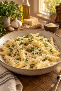 Creamy garlic penne pasta in a glossy Parmesan sauce