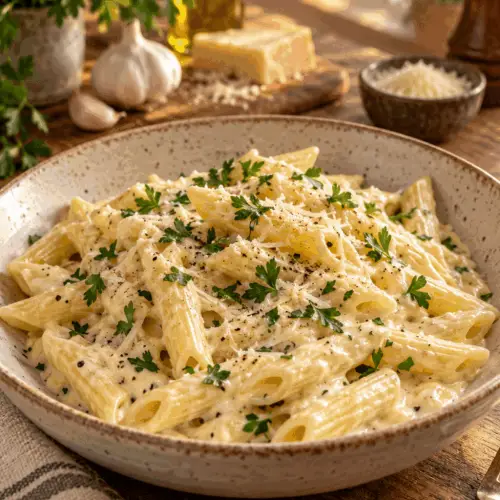Creamy garlic penne pasta in a glossy Parmesan sauce