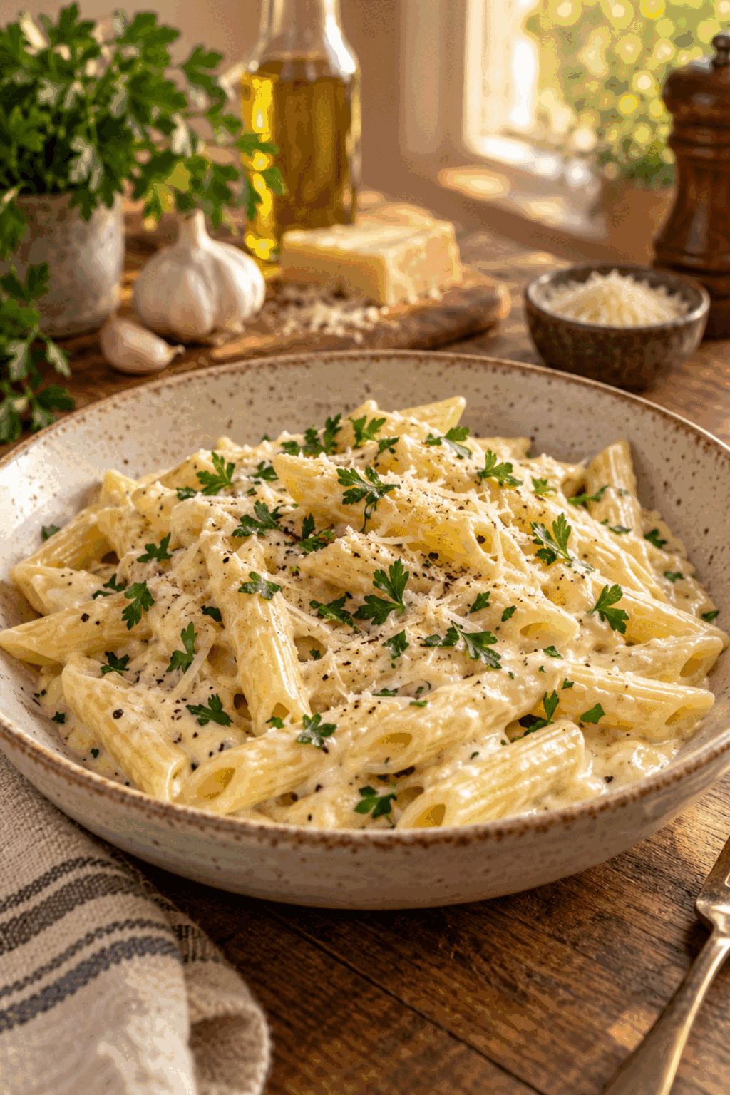 Creamy garlic penne pasta in a glossy Parmesan sauce