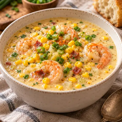 creamy shrimp corn soup with sweet corn and green onion