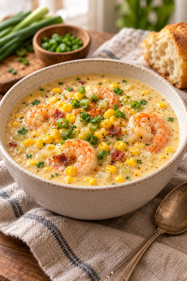 creamy shrimp corn soup with sweet corn and green onion