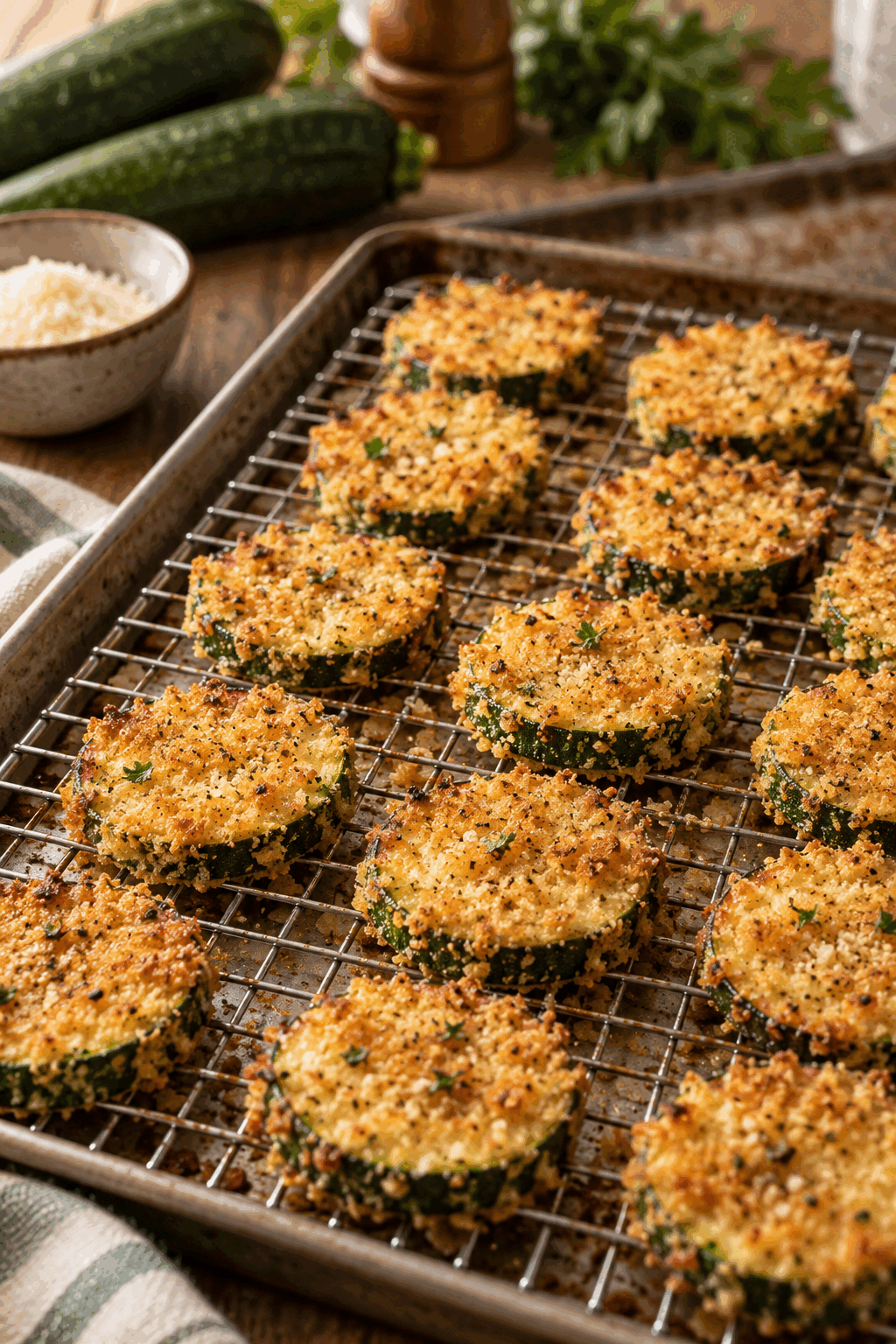 zucchini chips baking on a wire rack