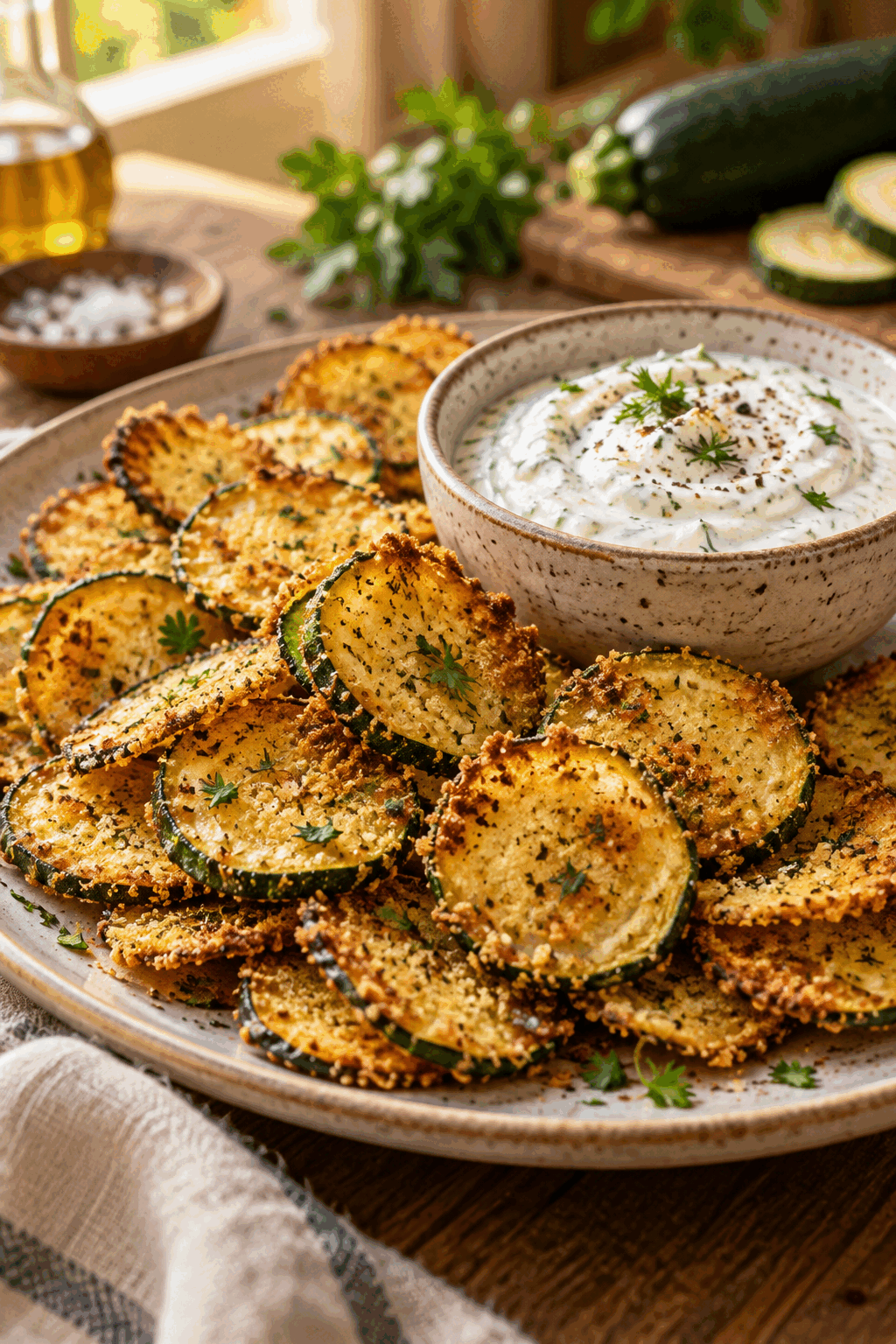 finished crispy baked zucchini chips with dip