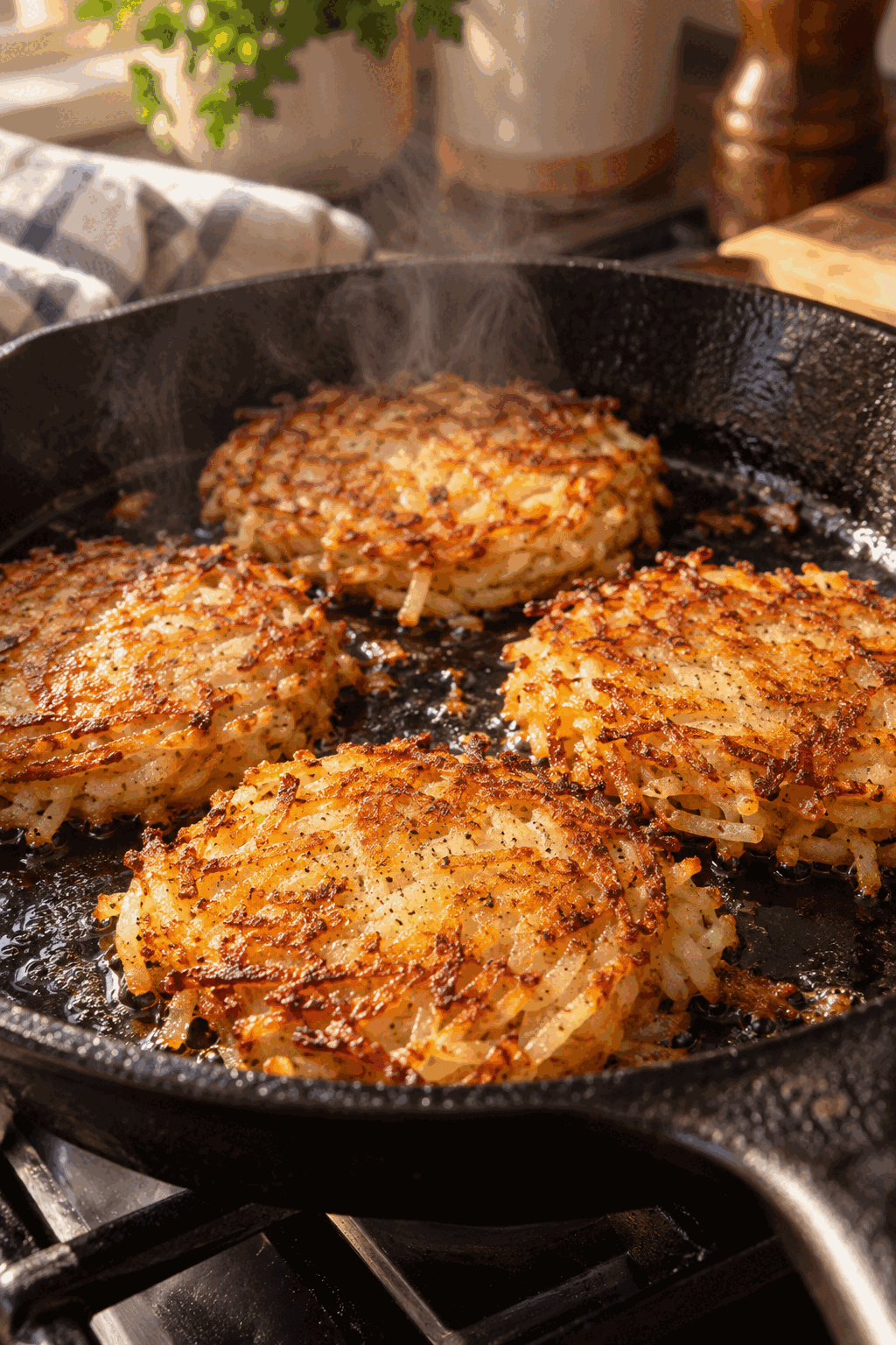 Homemade hash brown patties cooking in a skillet