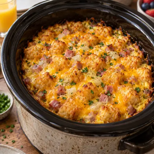 crock pot tater tot egg bake finished casserole