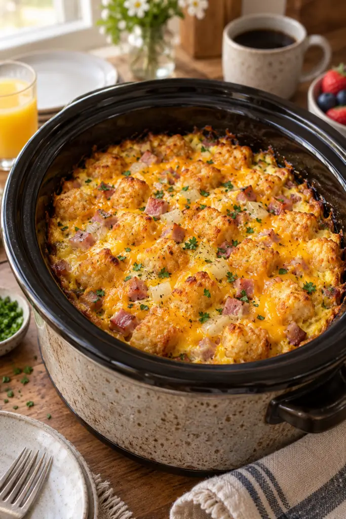 crock pot tater tot egg bake finished casserole