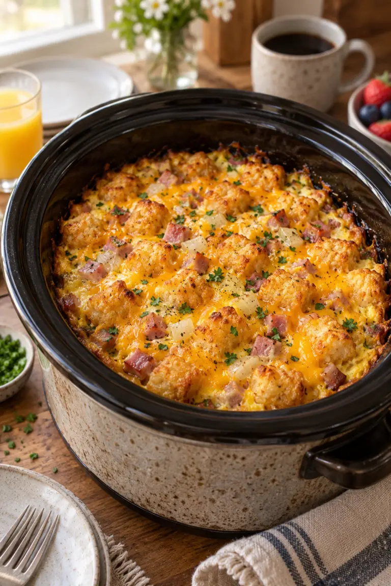 crock pot tater tot egg bake finished casserole