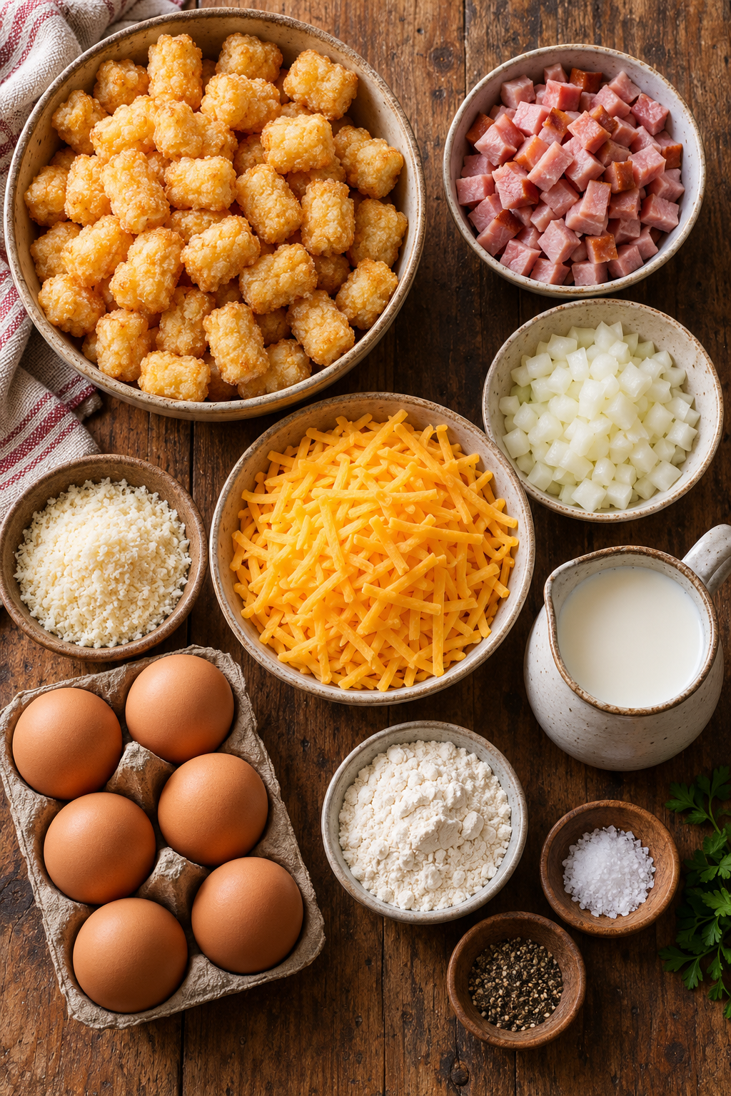 crock pot tater tot egg bake ingredients arranged
