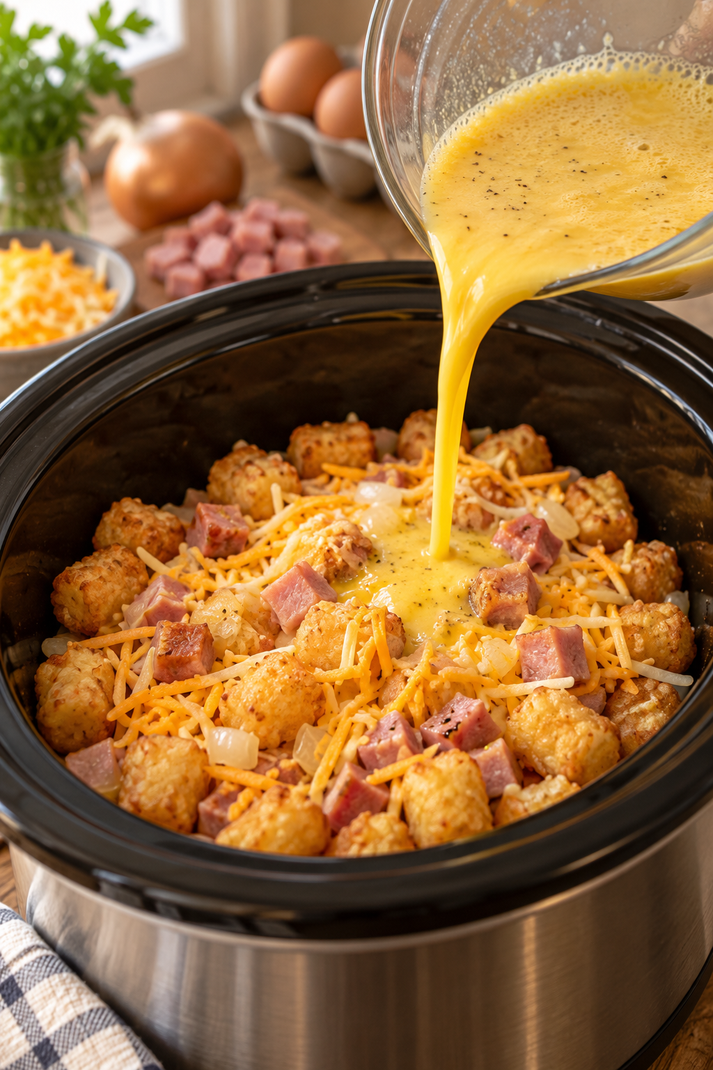 crock pot tater tot egg bake cooking process