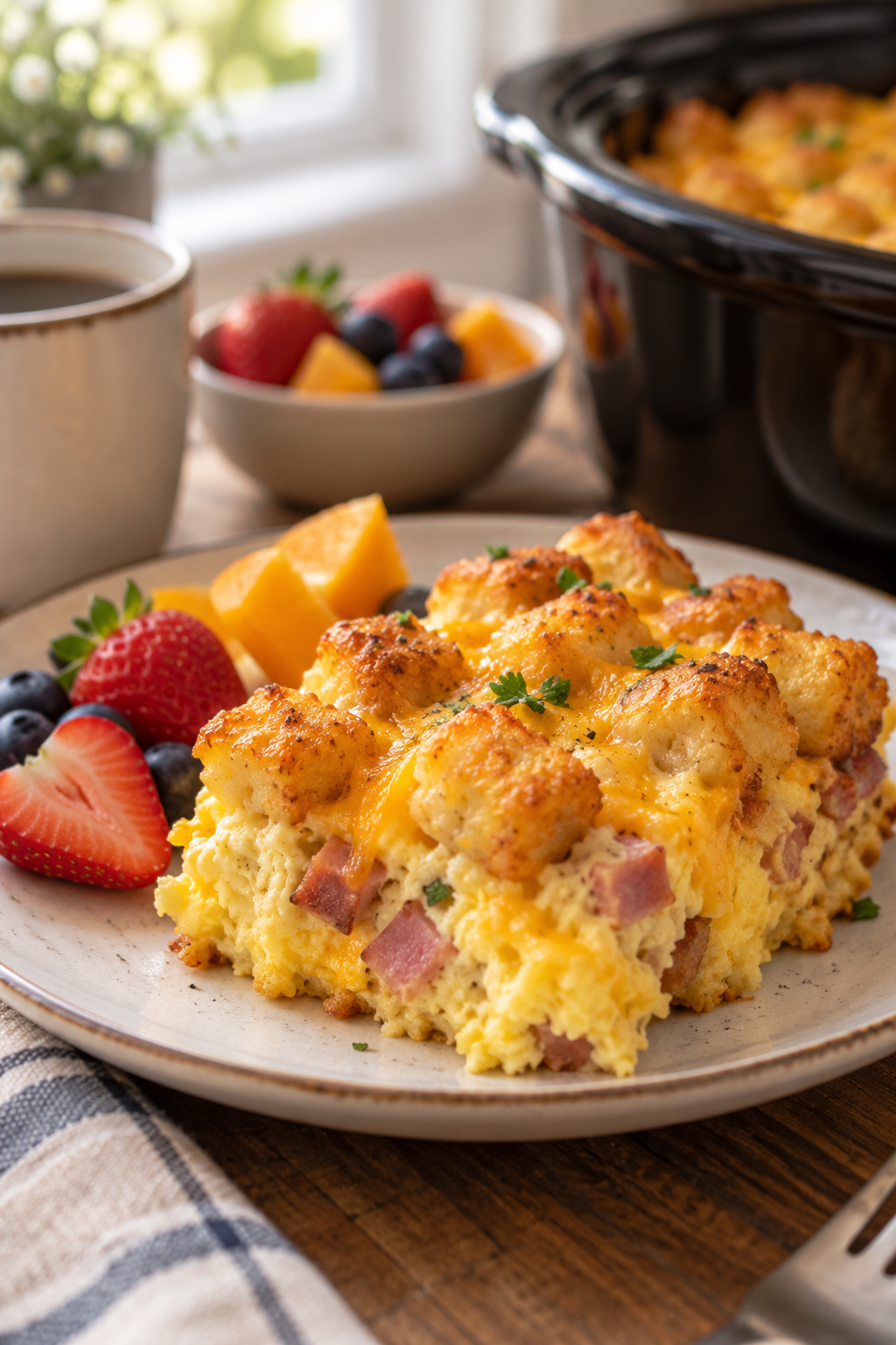 crock pot tater tot egg bake served for breakfast