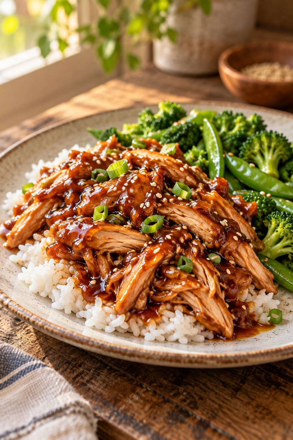 Finished crockpot honey garlic chicken with sesame seeds