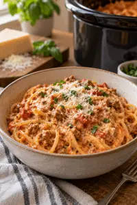 Crockpot spaghetti with Italian sausage in a bowl