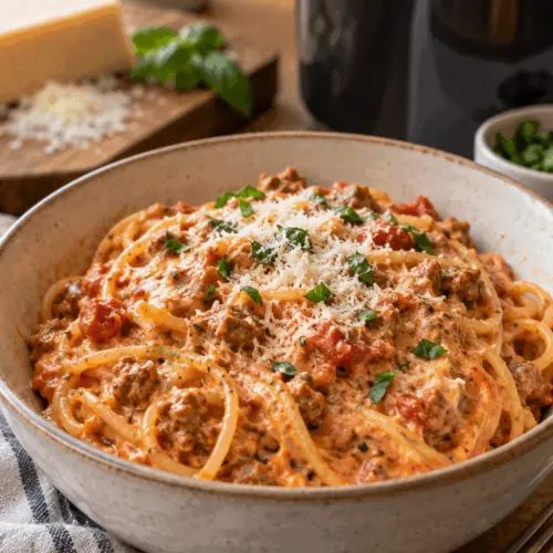 Crockpot spaghetti with Italian sausage in a bowl