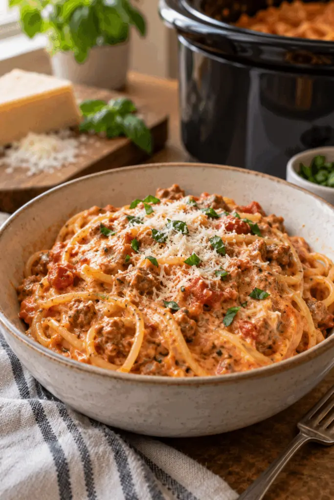 Crockpot spaghetti with Italian sausage in a bowl
