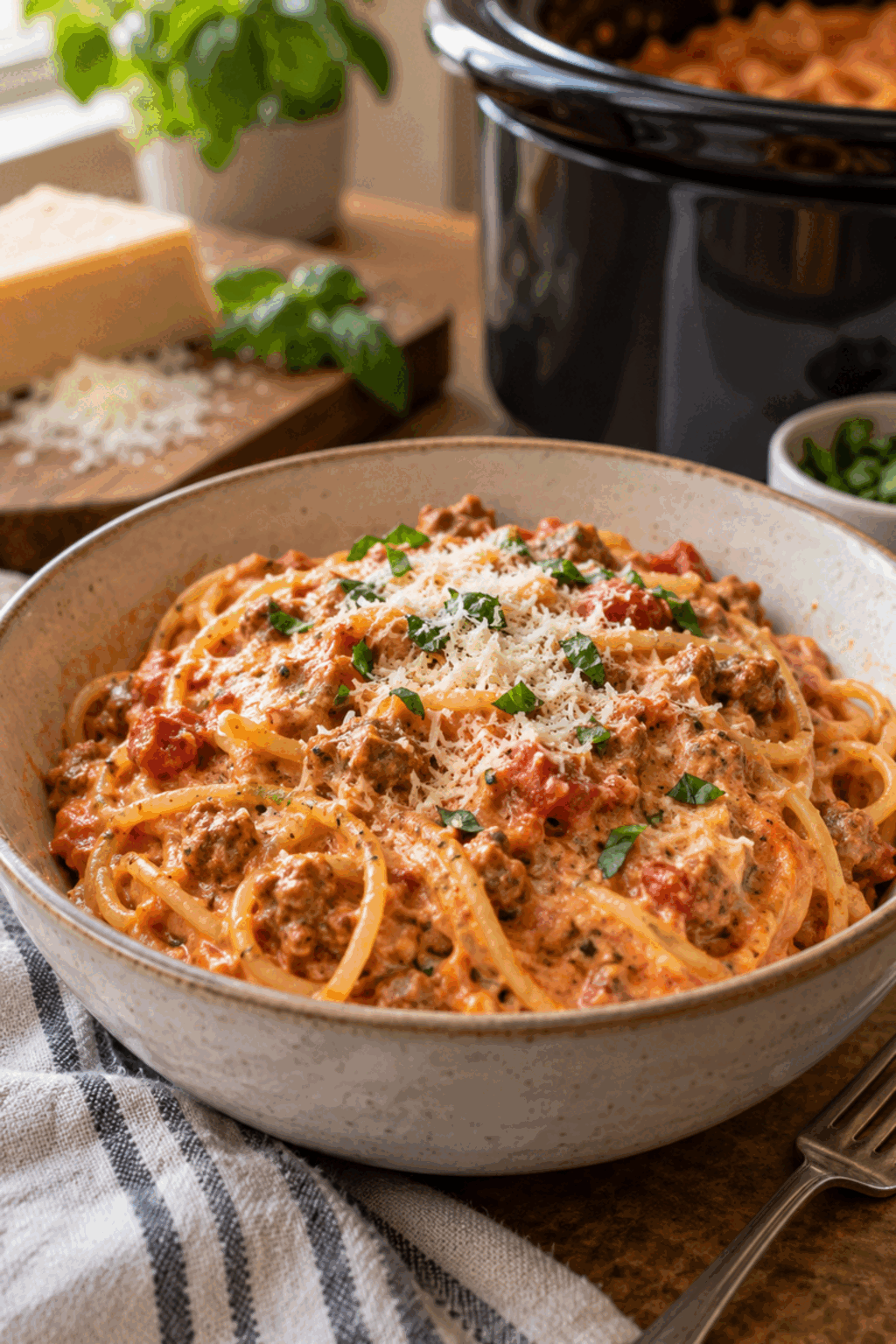 Crockpot spaghetti with Italian sausage in a bowl
