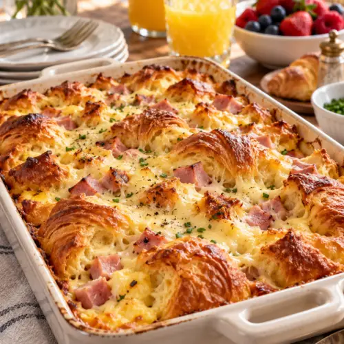 Croissant breakfast casserole with ham and Gruyere