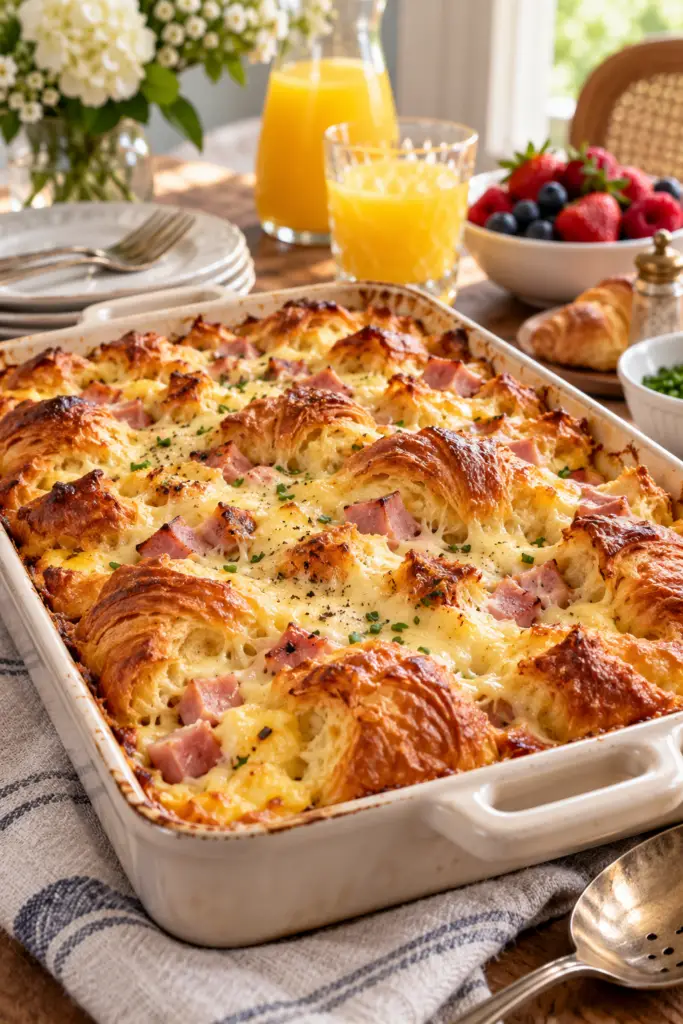 Croissant breakfast casserole with ham and Gruyere