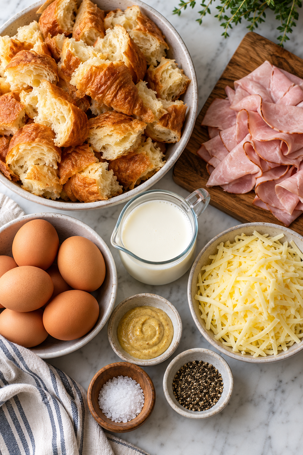 Ingredients arranged for croissant breakfast casserole