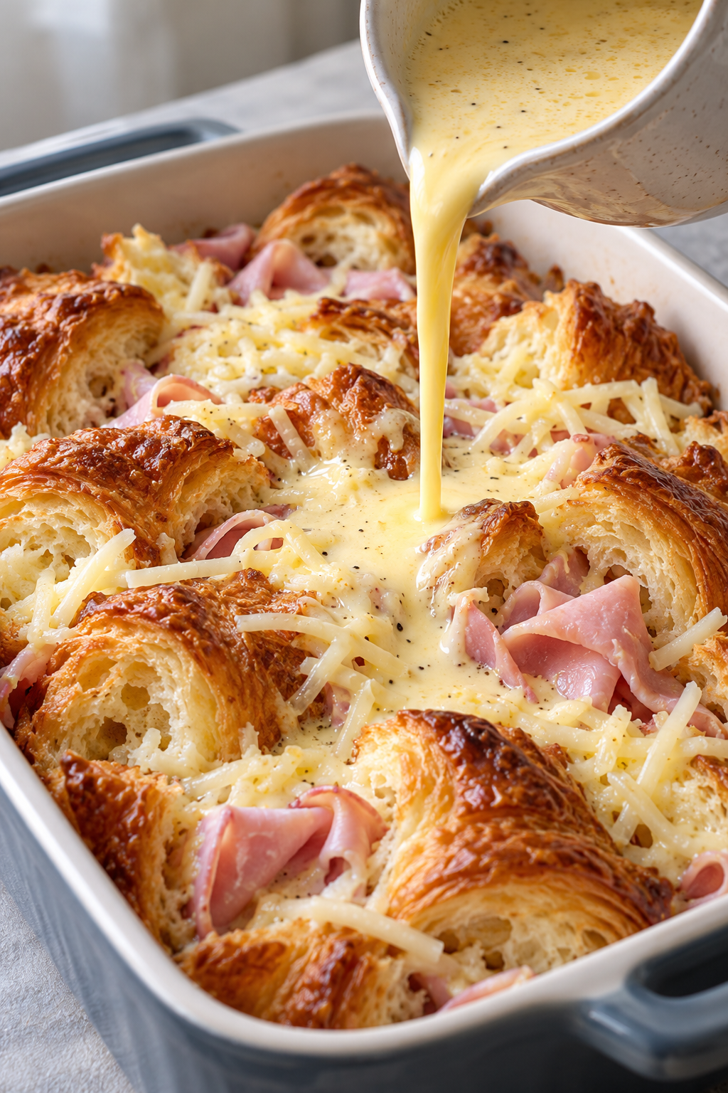 Egg custard soaking croissants, ham, and cheese for breakfast casserole