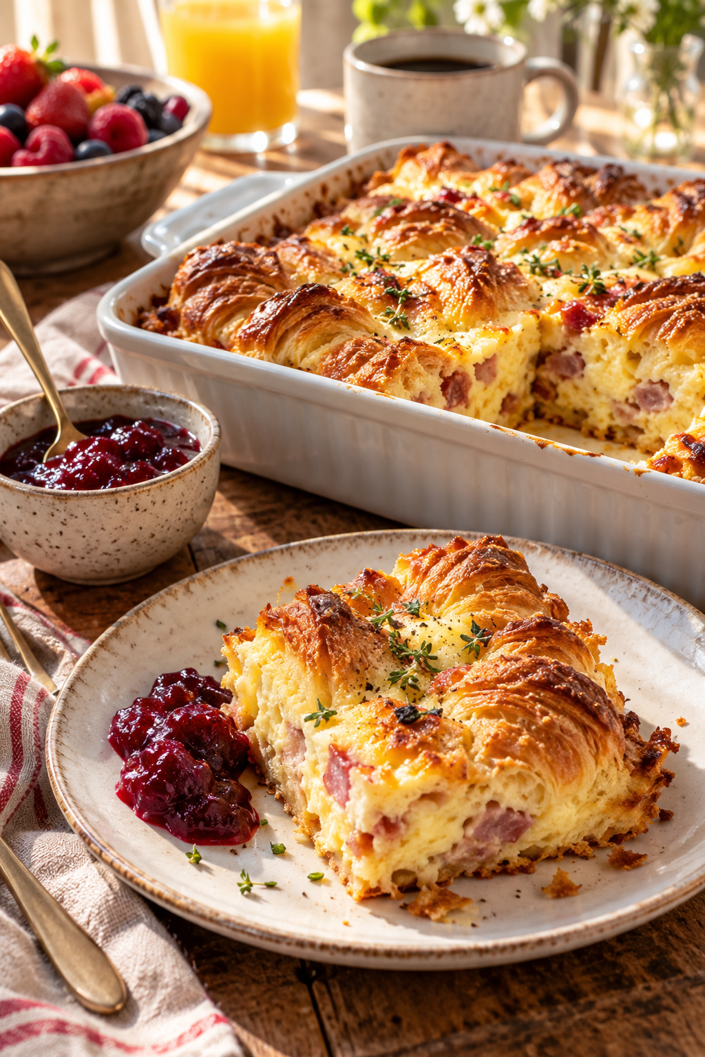 Baked croissant breakfast casserole served warm with jam