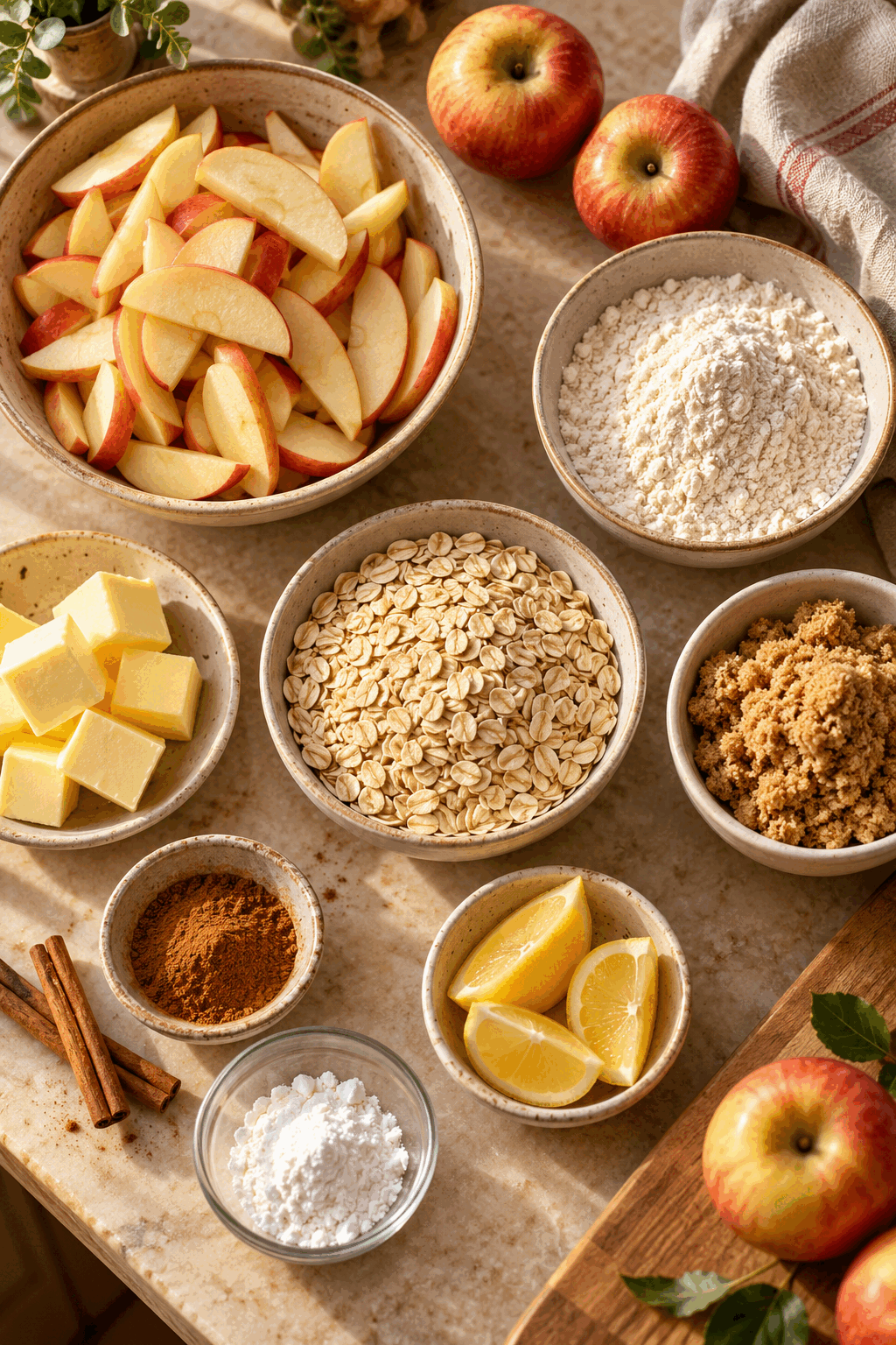 apple crisp bars ingredients arranged for baking