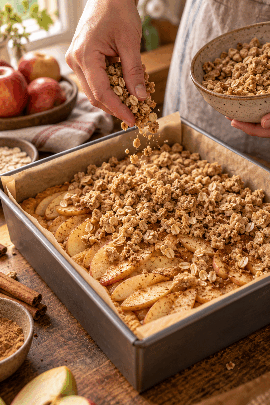 apple crisp bars being assembled with apple filling and crumble