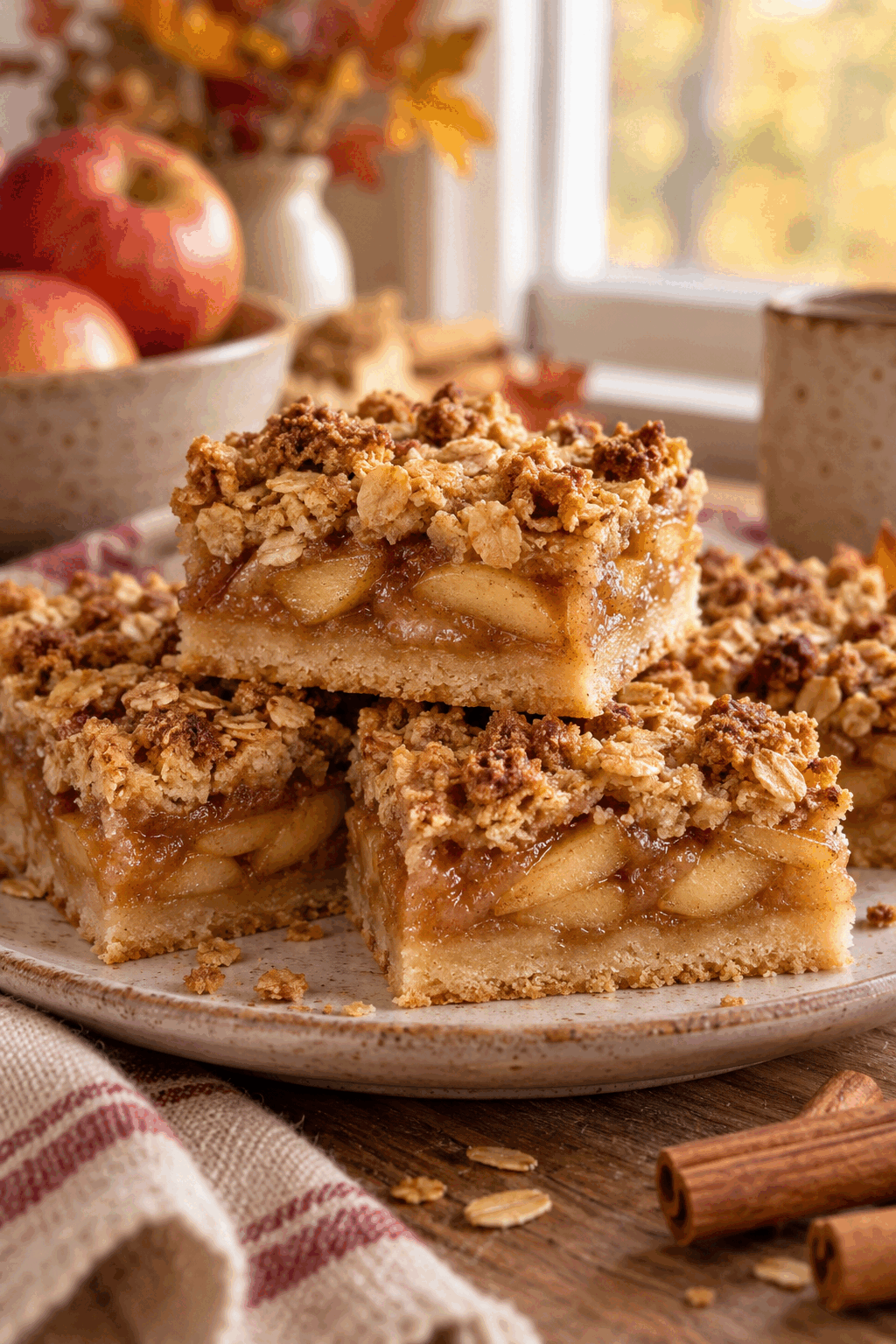 sliced apple crisp bars served with golden topping