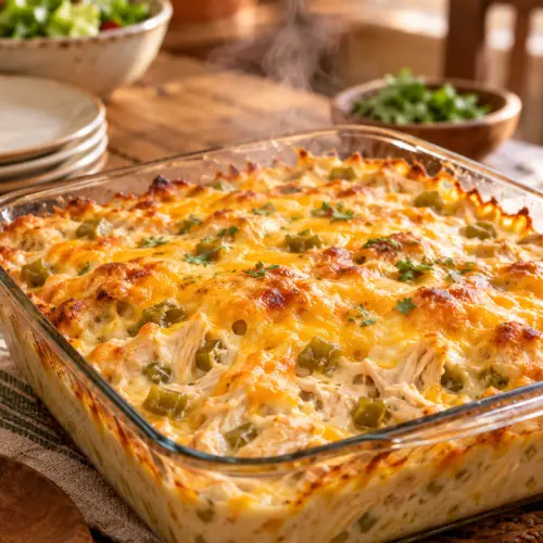 easy chicken casserole with green chiles in a bubbling baking dish