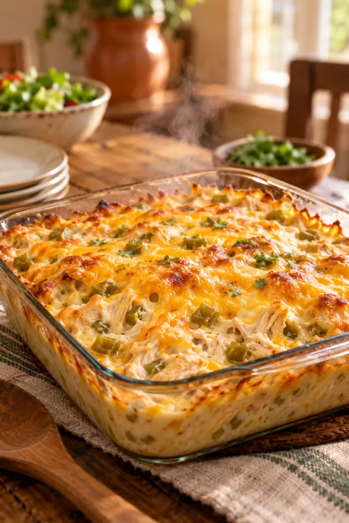 easy chicken casserole with green chiles in a bubbling baking dish