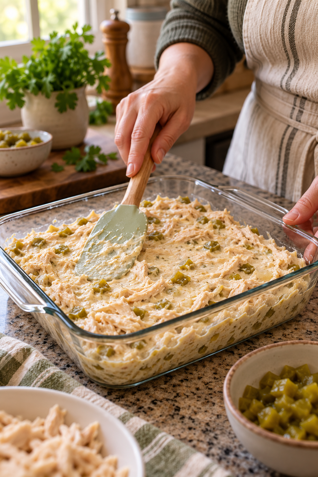 easy chicken casserole with green chiles being spread into a baking dish