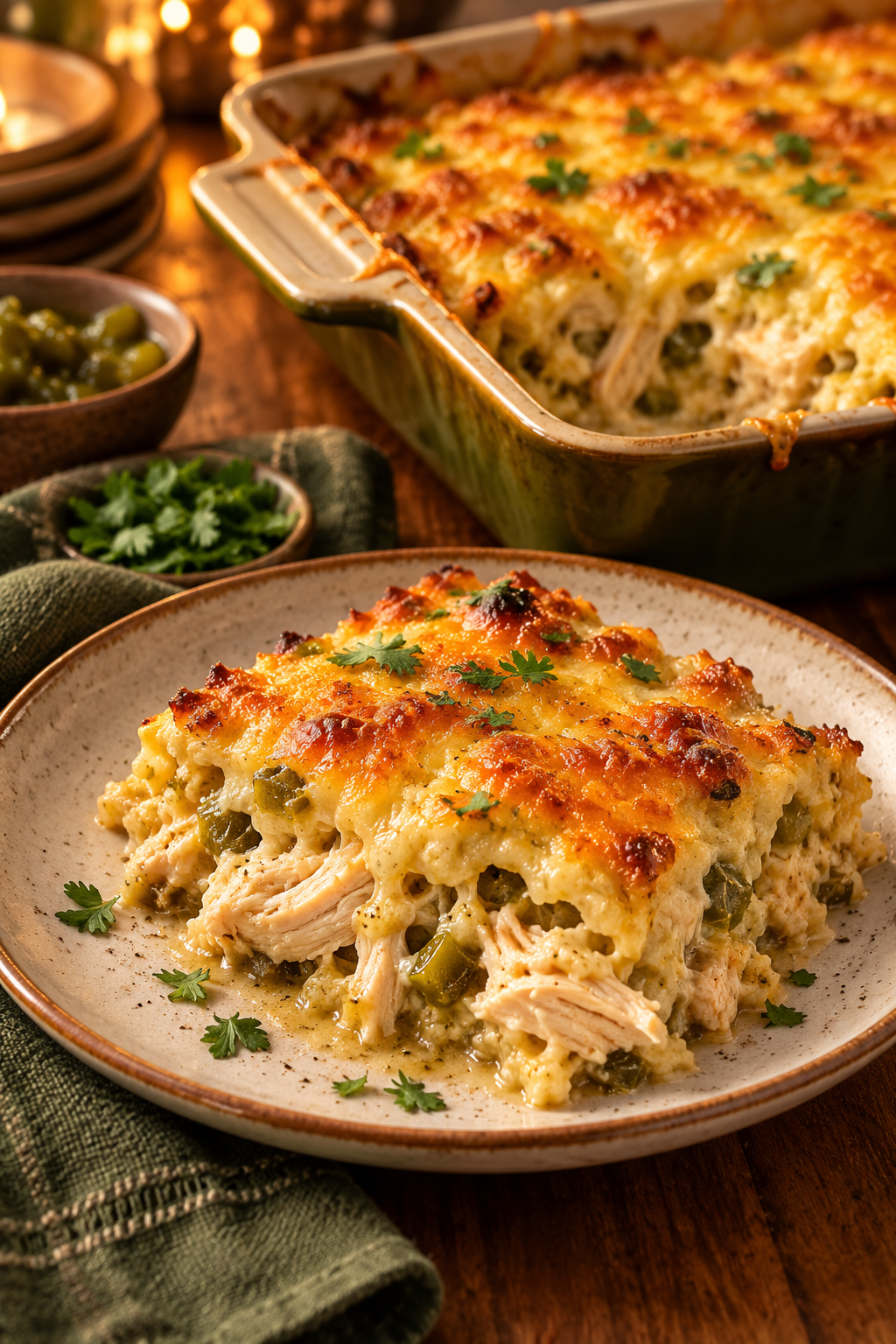 golden easy chicken casserole with green chiles ready to serve