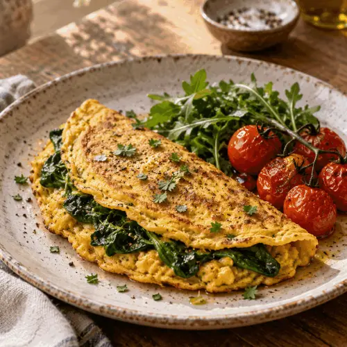 chickpea omelette with spinach and tomatoes