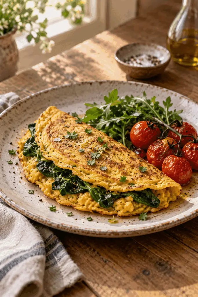 chickpea omelette with spinach and tomatoes