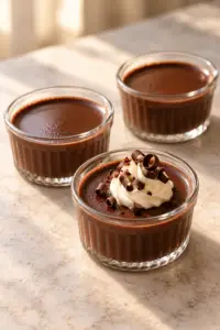 Chocolate pots de creme finished with whipped cream
