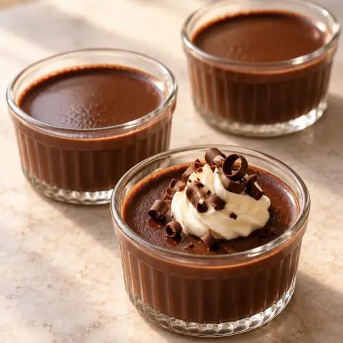 Chocolate pots de creme finished with whipped cream