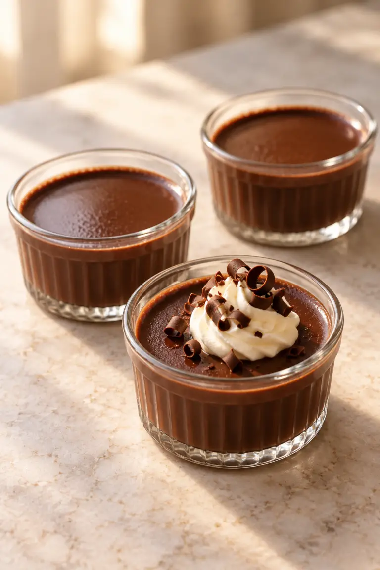 Chocolate pots de creme finished with whipped cream