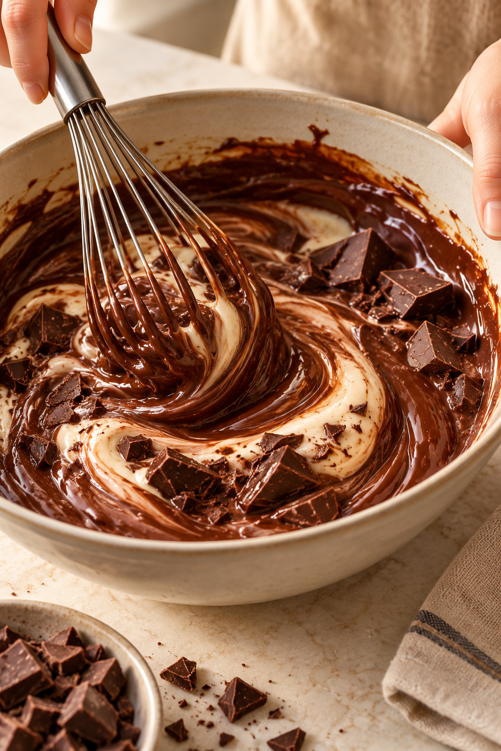 Chocolate pots de creme mixture whisked until silky