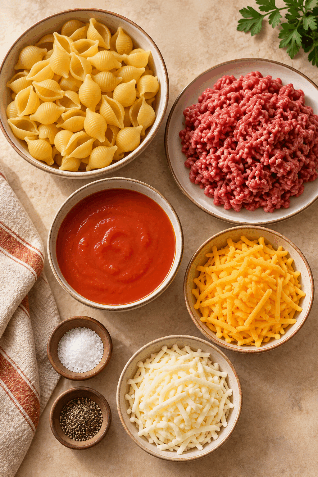 Ingredients for hamburger casserole including shells, ground beef, tomato soup, and cheese