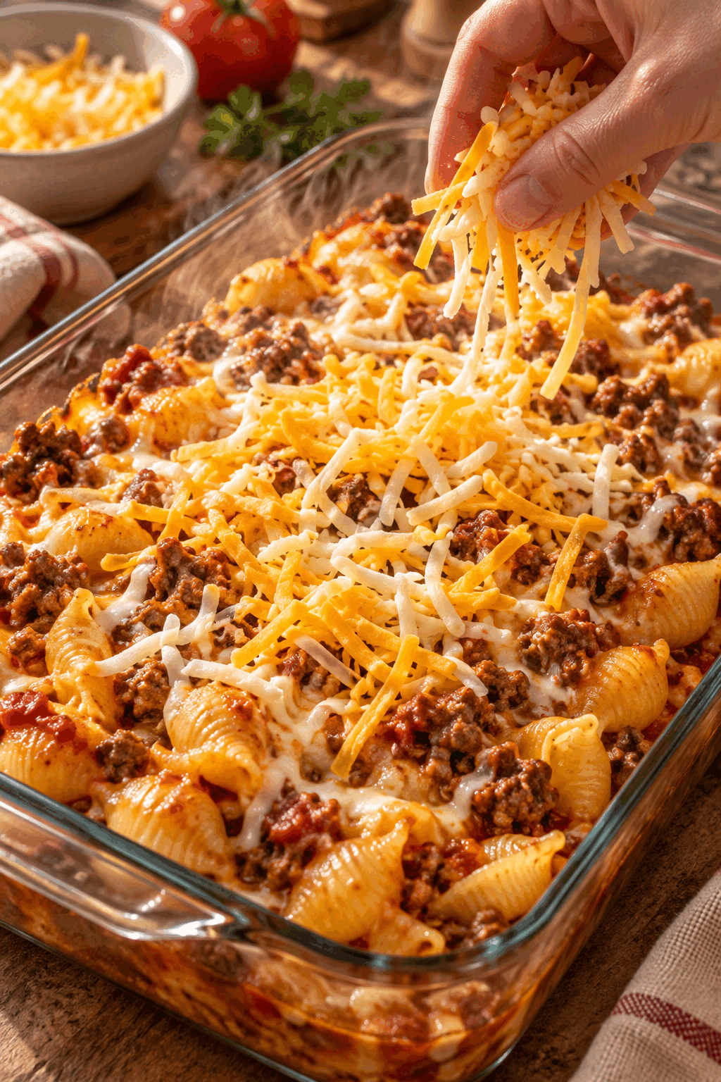 Process of assembling hamburger casserole with beef, shells, and tomato sauce