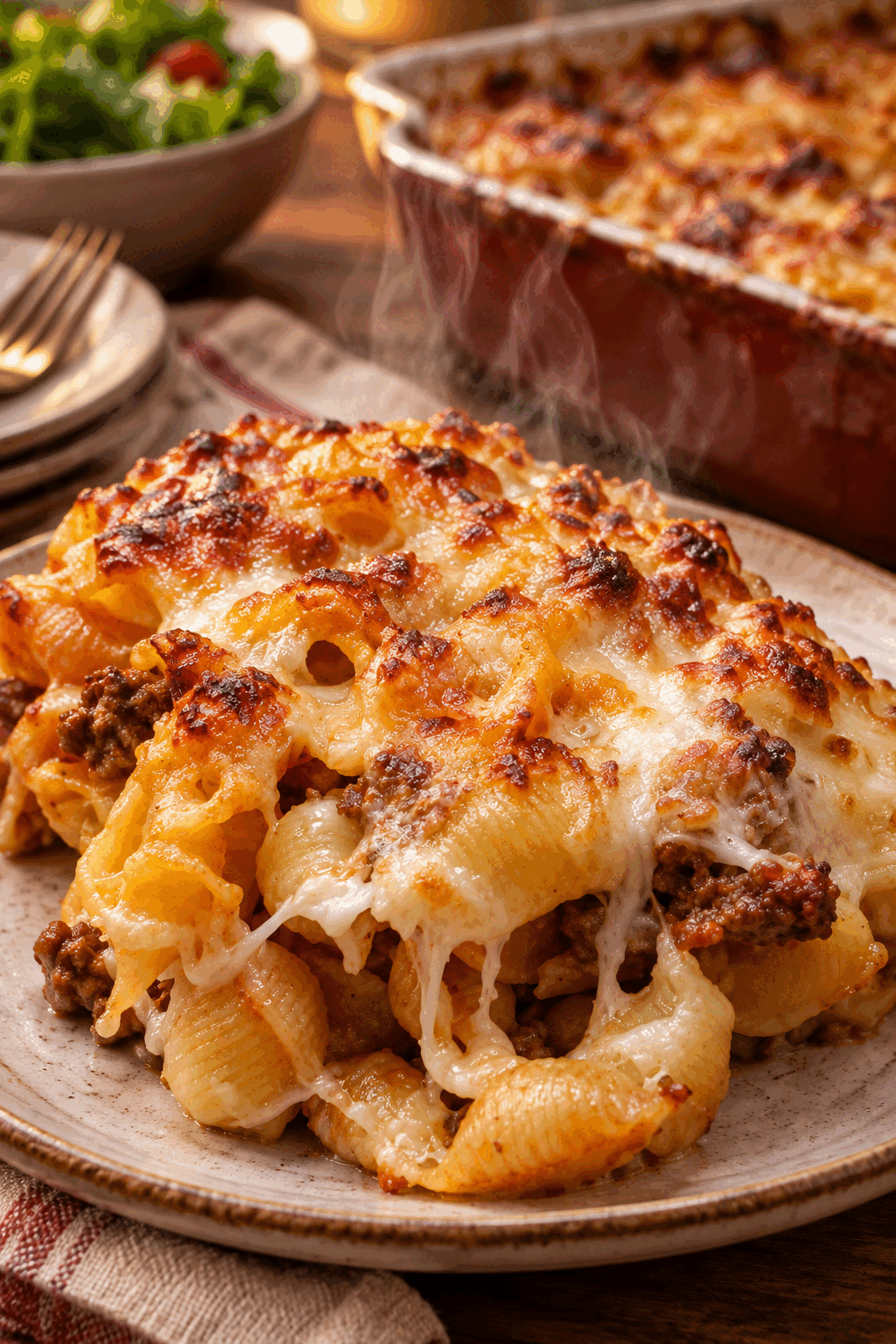 Baked hamburger casserole with melted cheese served from a casserole dish