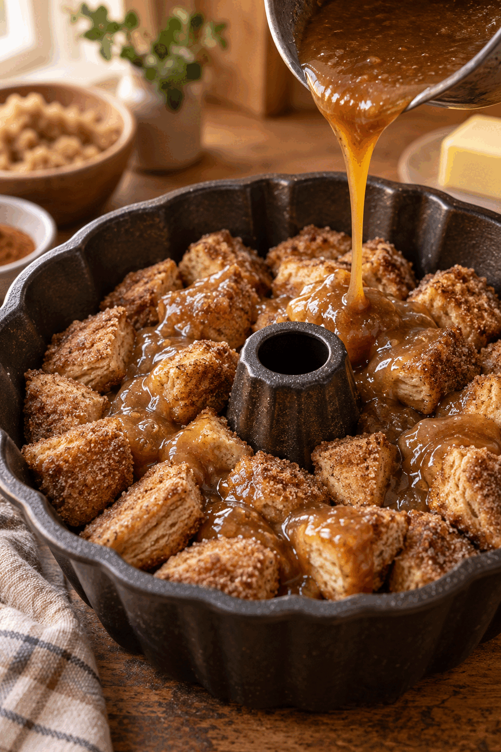 Cinnamon-coated biscuit pieces being layered for an easy monkey bread recipe