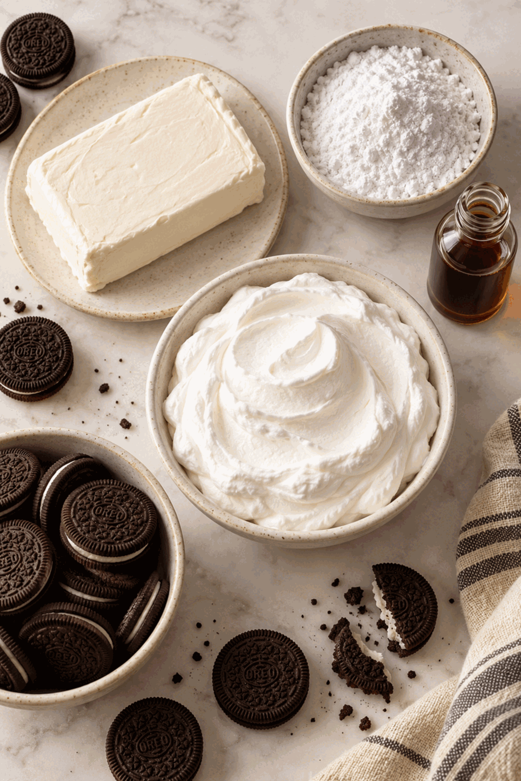 Oreo dip ingredients arranged for mixing