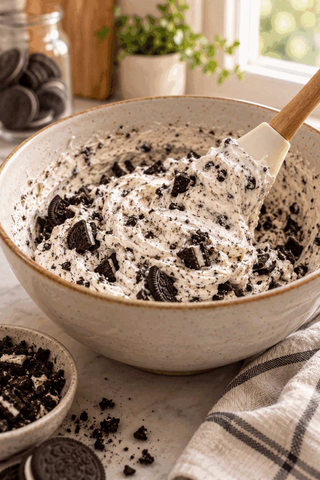 Oreo dip being folded with crushed cookies