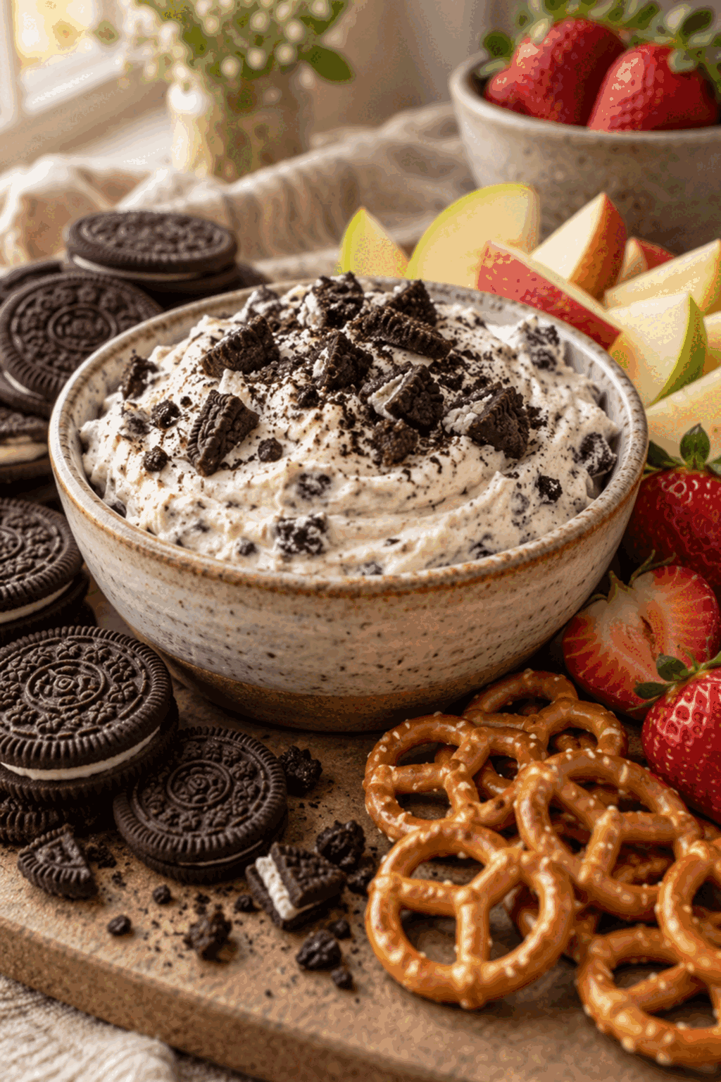 Oreo dip served with cookie pieces for dipping
