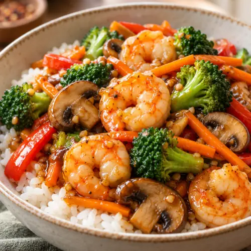 Easy vegetable shrimp stir fry served over rice
