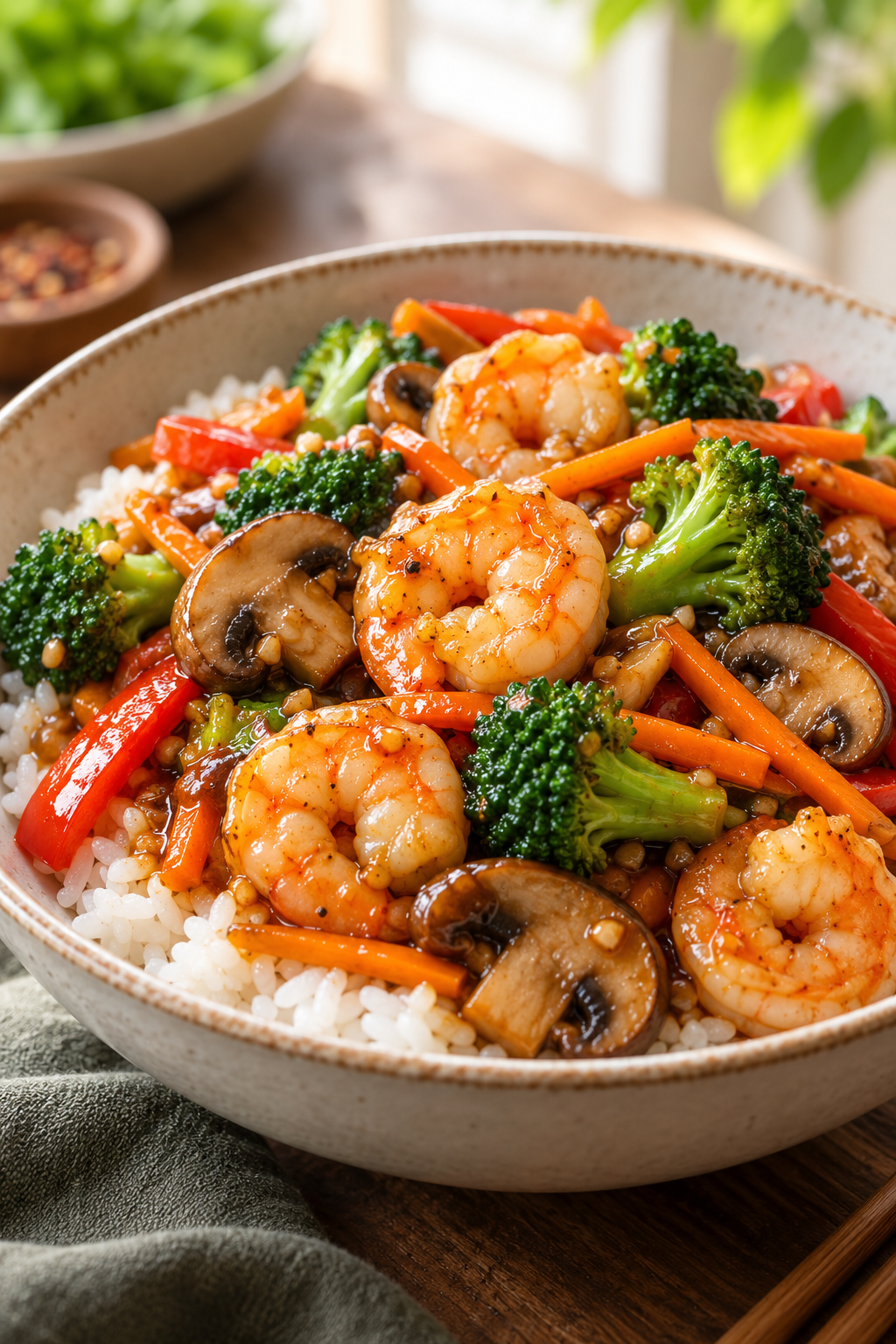 Easy vegetable shrimp stir fry served over rice